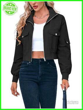 Cropped Bomber Jacket Lightweight Zip Up Casual Short Coat